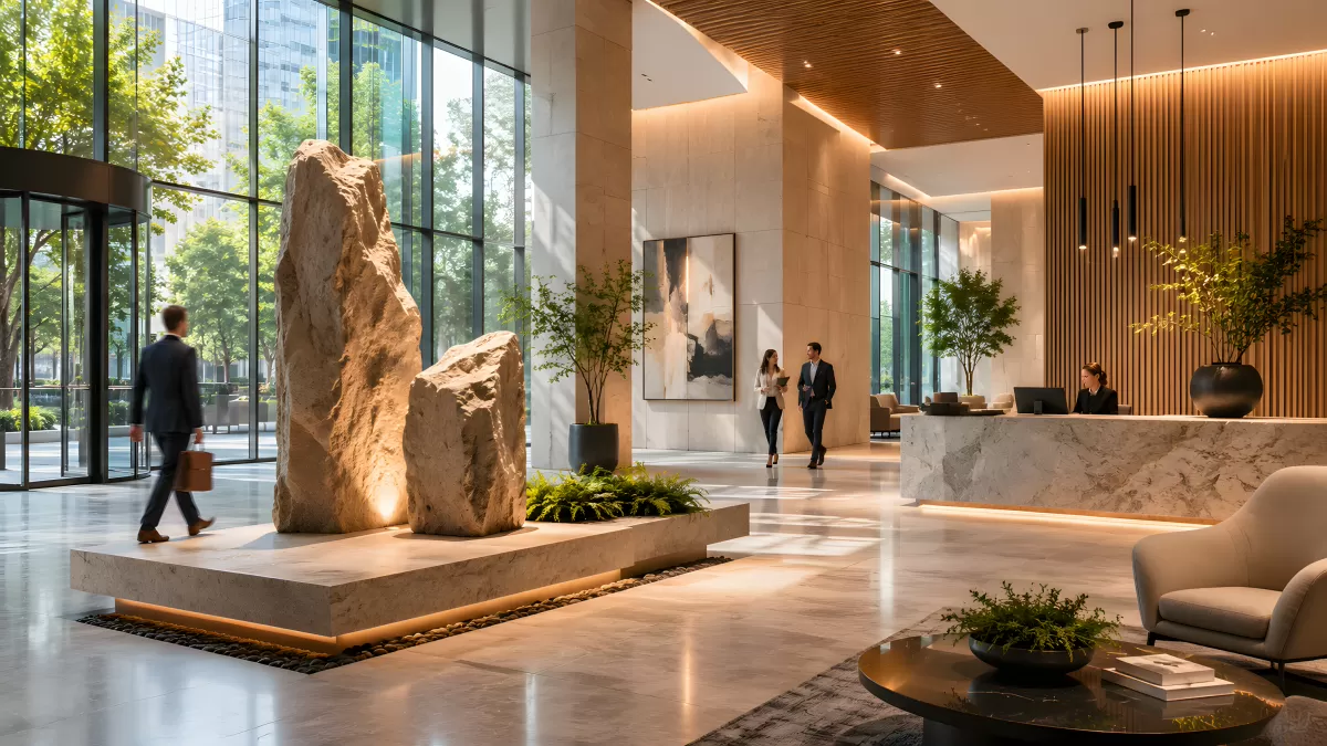 Modernes Bürogebäude-Foyer mit Naturstein-Skulptur