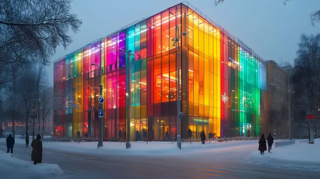 Modernes Bürogebäude in bunter Glasfassade