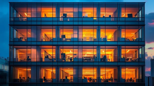 Modernes Bürogebäude mit beleuchteten Fenstern bei Sonnenuntergang