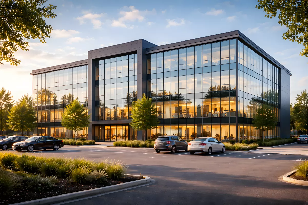 Modernes Bürogebäude mit Glasfassade im Abendlicht