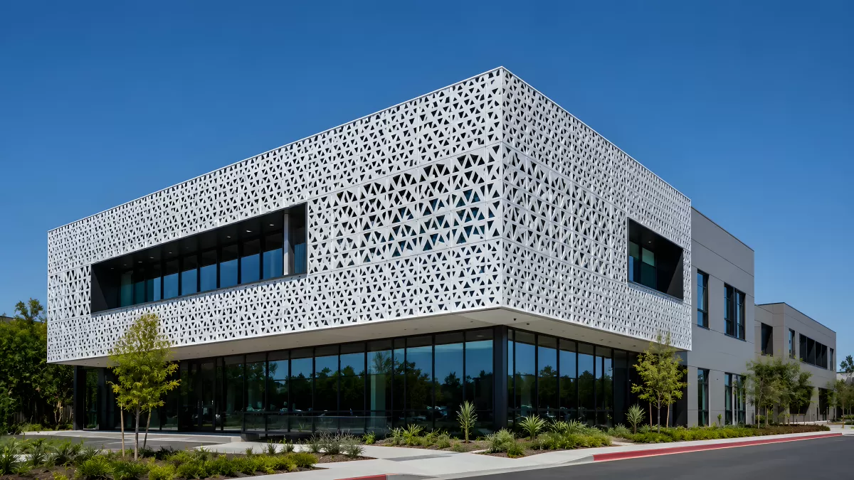 Modernes Bürogebäude mit perforierter Metallfassade