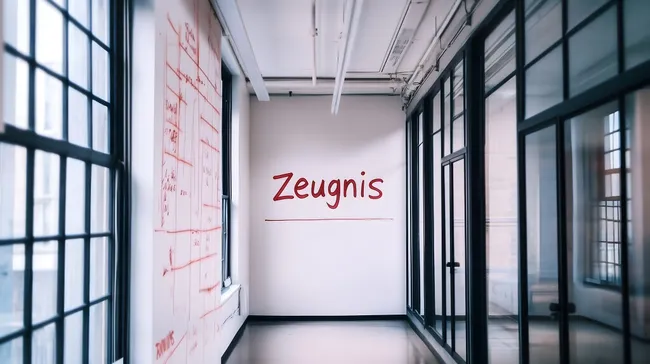 Modernes Bürogebäude mit Wandtext 'Zeugnis'