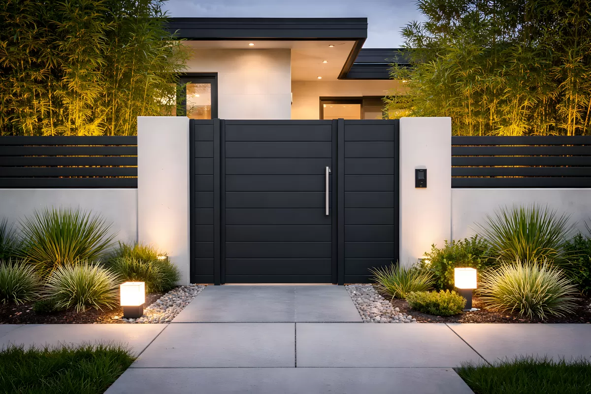 Modernes Designtor mit Bambus-Akzenten bei Nacht