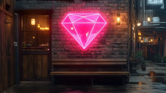 Modernes Diamant-Neonschild an Ziegelwand