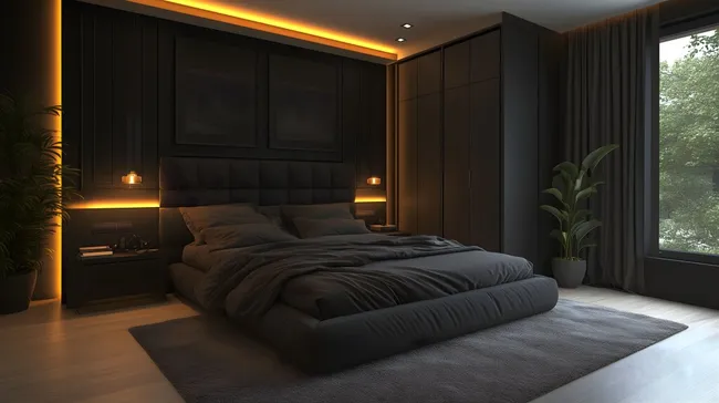 Modernes, dunkles Schlafzimmer mit warmer Beleuchtung