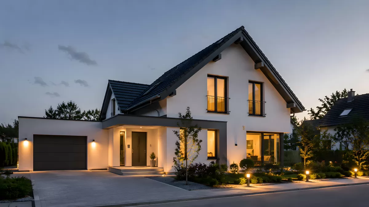 Modernes Einfamilienhaus bei Abenddämmerung beleuchtet