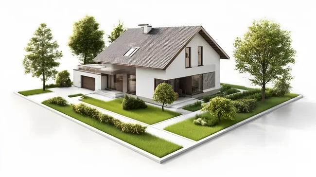 Modernes Einfamilienhaus mit Garten und Wegeführung