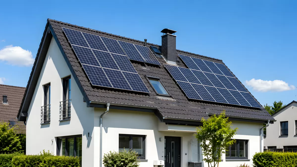 Modernes Einfamilienhaus mit Solaranlage auf dem Dach