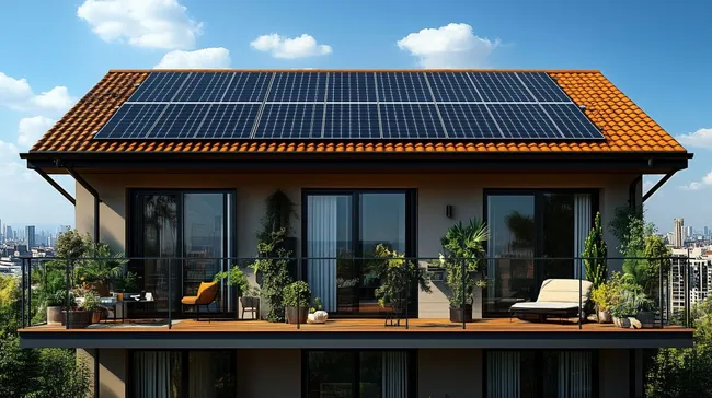 Modernes Einfamilienhaus mit Solarmodulen auf dem Dach