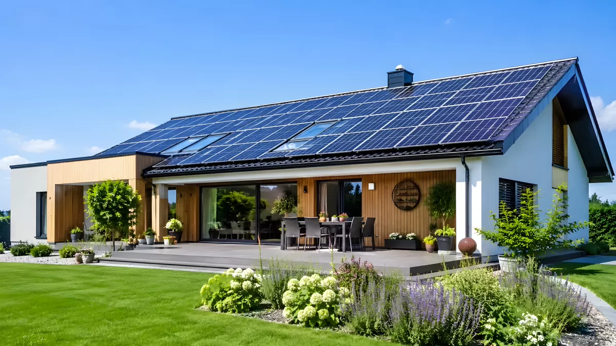 Modernes Einfamilienhaus mit Solarpanelen auf dem Dach