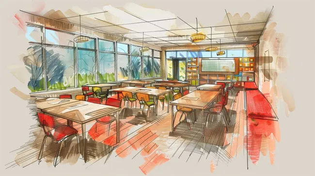 Modernes, einladendes Klassenzimmer mit hellen Farben