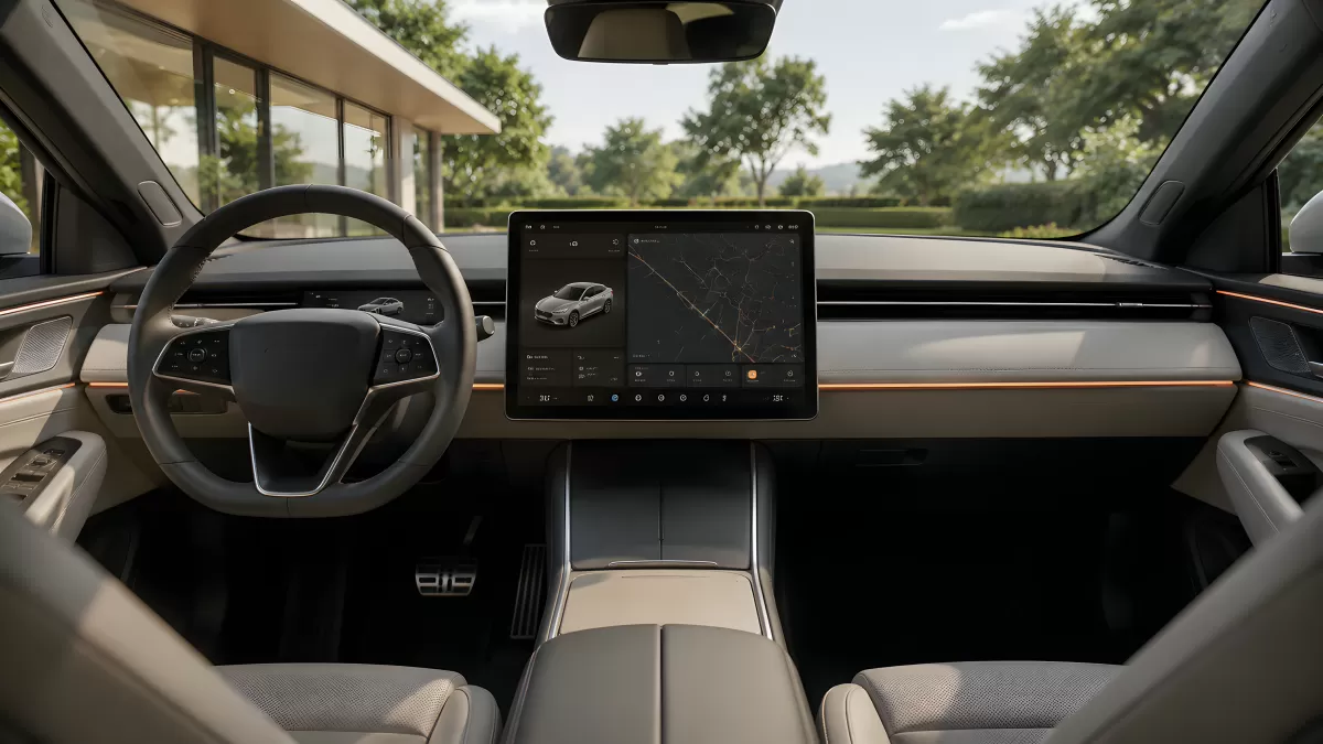 Modernes Elektroauto-Cockpit mit großem Touchscreen