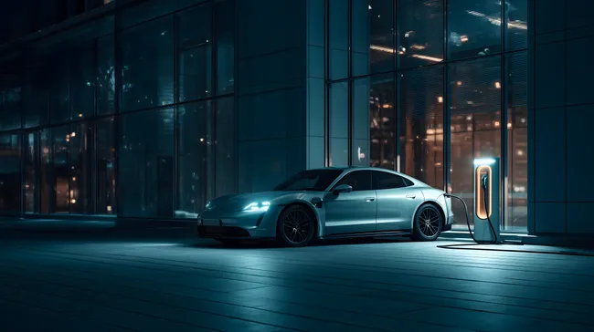 Modernes Elektrofahrzeug am Schnelllader in Stadtkulisse