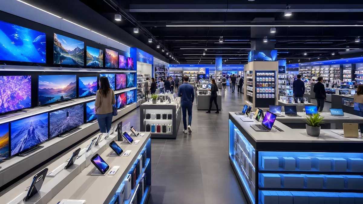 Modernes Elektronikgeschäft mit TVs und Smartphones