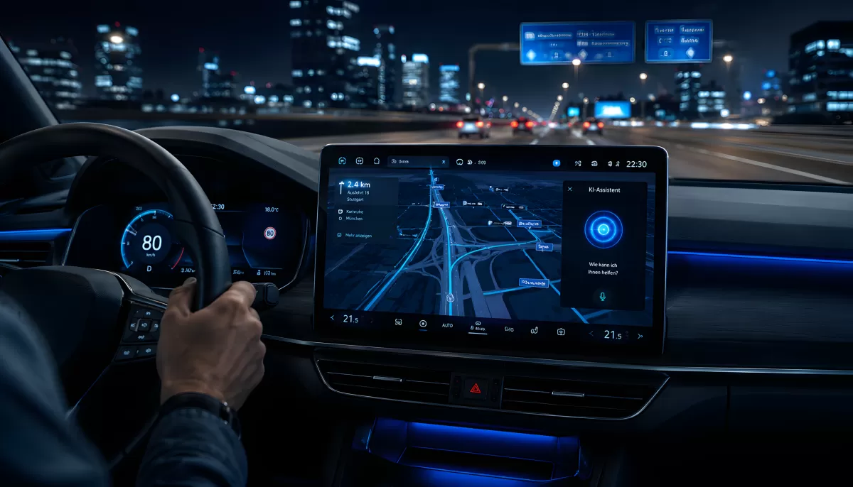 Modernes Fahrzeug-Cockpit mit Navigationssystem bei Nacht
