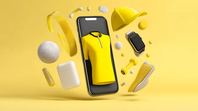 Modernes, farbiges Sport-Flatlay auf gelbem Hintergrund