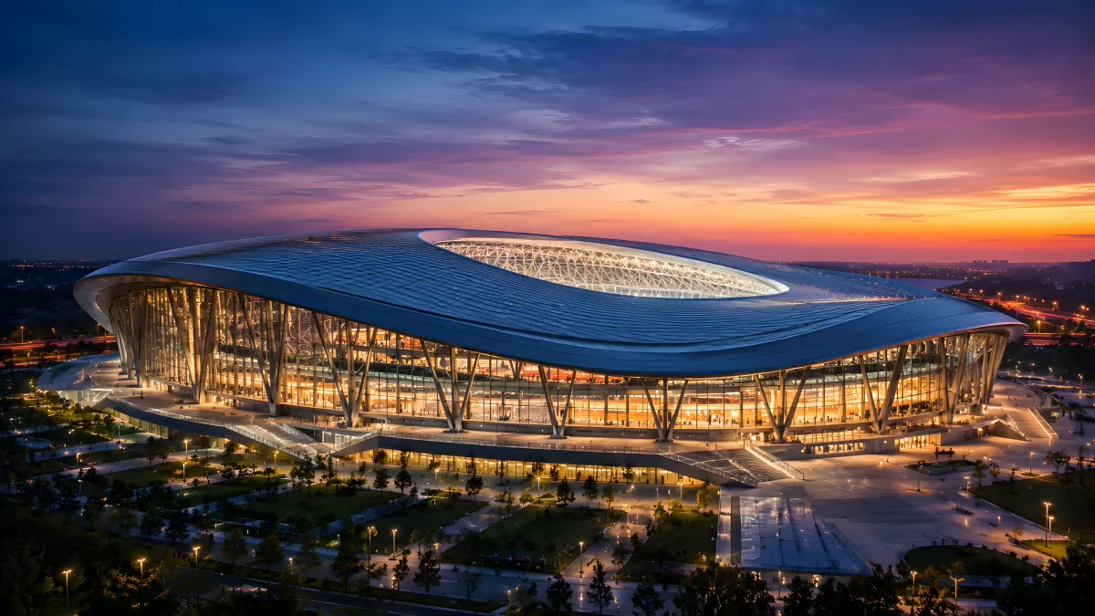 Modernes Fußballstadion bei Abenddämmerung aus der Vogelperspektive