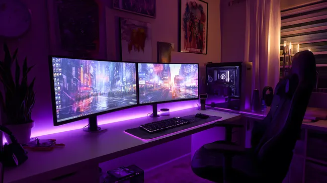 Modernes Gaming-Setup mit Dual-Monitoren und lila Beleuchtung