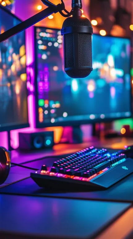 Modernes Gaming-Setup mit Mikrofon und Doppelbildschirm