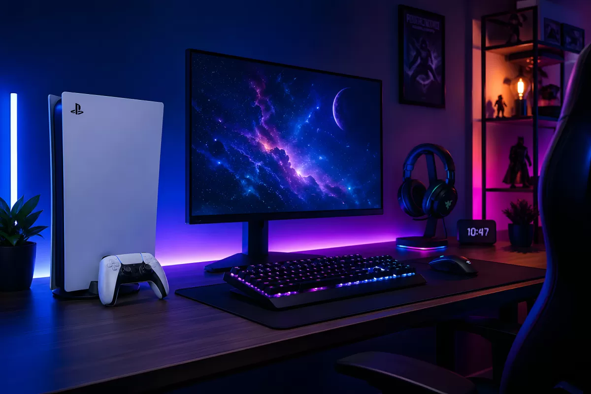 Modernes Gaming-Setup mit PS5 und RGB-Beleuchtung