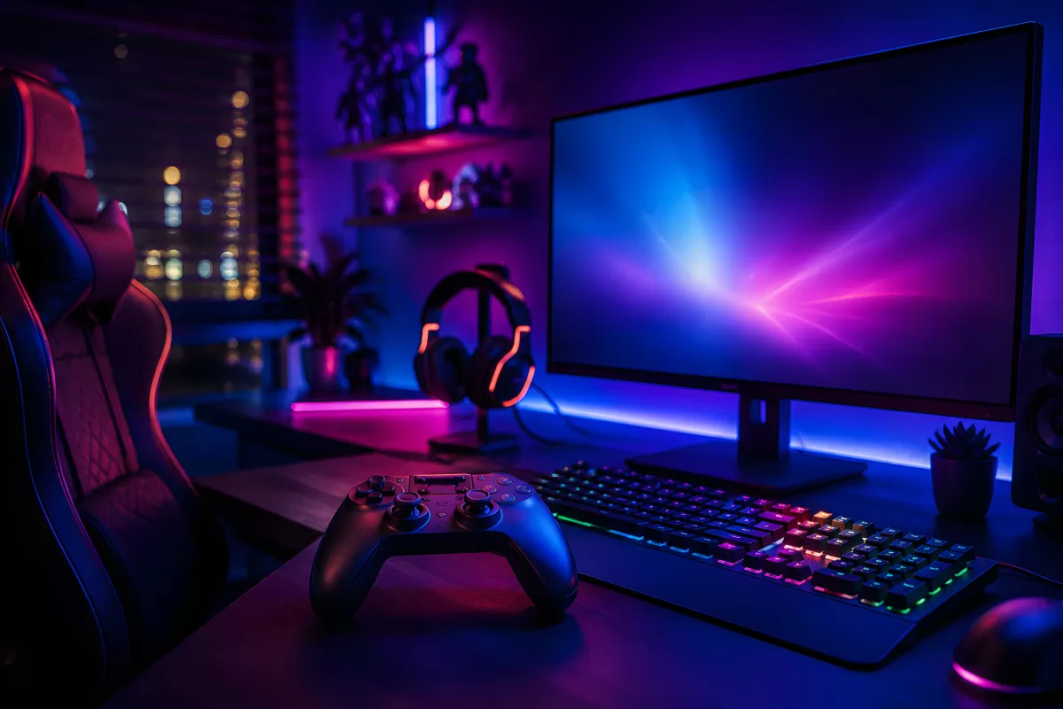 Modernes Gaming-Setup mit RGB-Beleuchtung bei Nacht