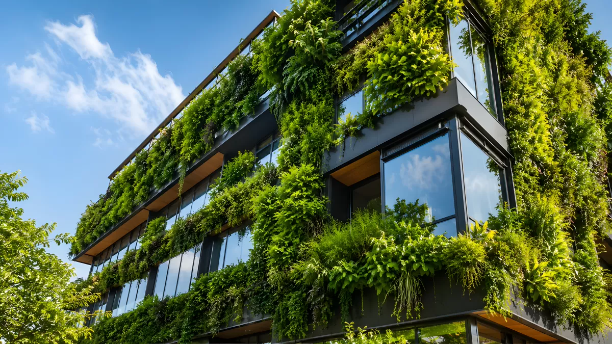 Modernes Gebäude mit üppiger grüner Fassadenbegrünung