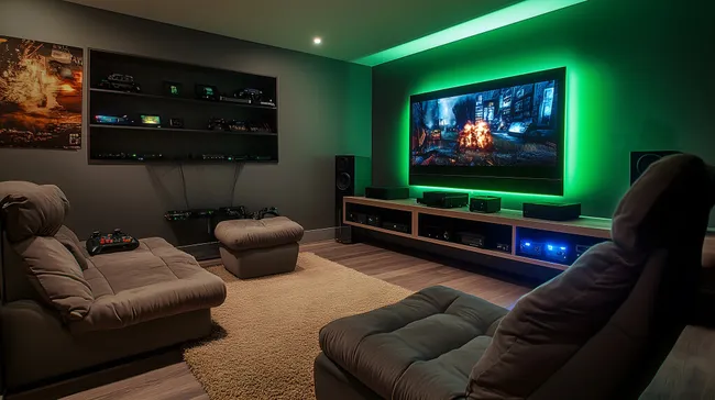Modernes, gemütliches Gaming-Zimmer mit vielfältiger Technik