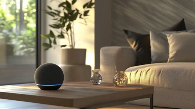 Modernes, gemütliches Wohnzimmer mit Sprachassistent