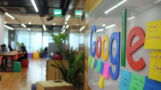 Modernes Google-Büro mit Mitarbeitern beim kreativen Brainstorming