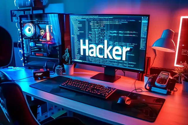 Modernes Hacker-Setup mit RGB-Beleuchtung und High-End-Computer