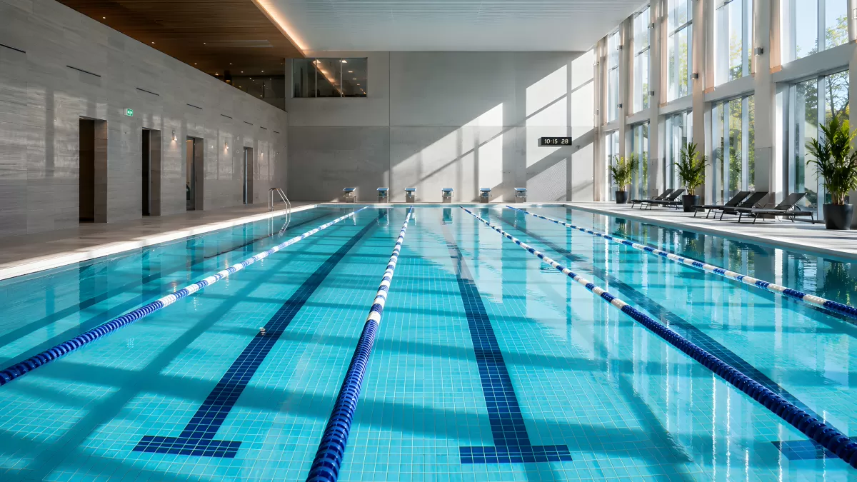 Modernes Hallenbad mit Schwimmbahnen und Tageslicht — Bild kostenlos herunterladen