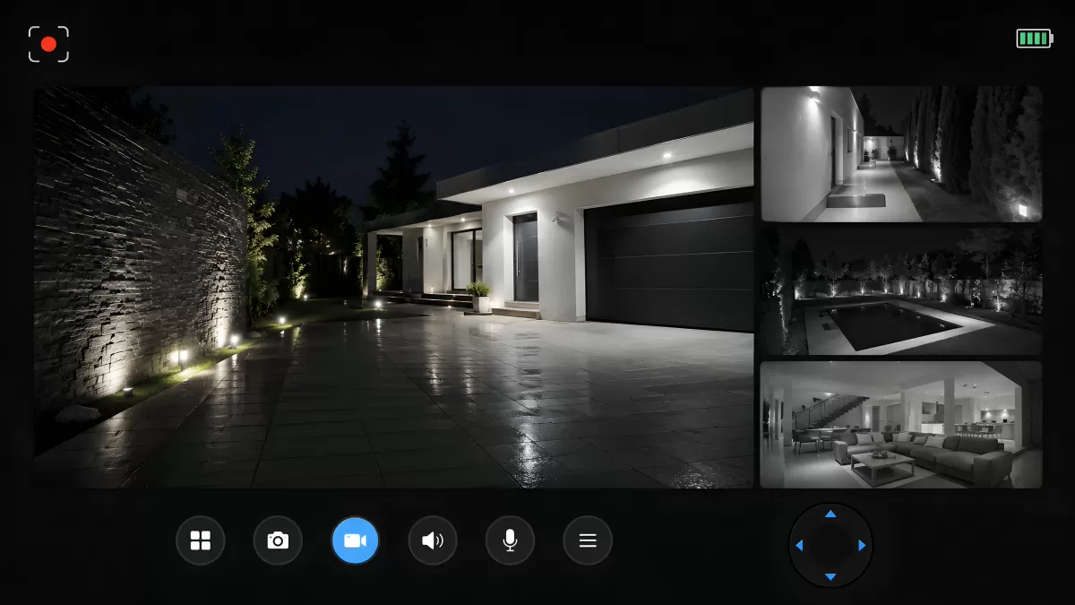 Modernes Haus bei Nacht mit Sicherheitskamera-Übersicht