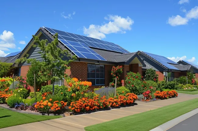 Modernes Haus mit Solaranlage in Gartenanlage