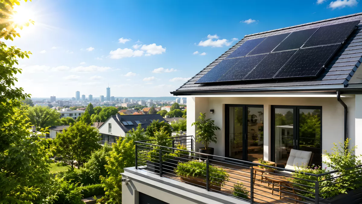 Modernes Haus mit Solaranlage und Stadtblick