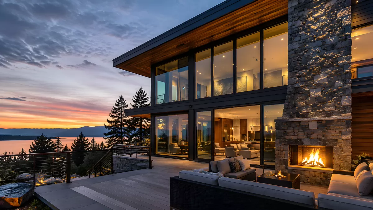 Modernes Haus mit Terrasse und Kamin bei Sonnenuntergang