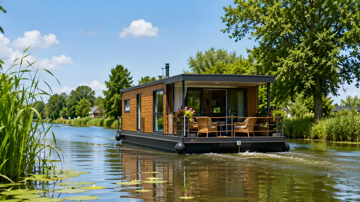 Modernes Hausboot auf ruhigem Kanal im Sommer
