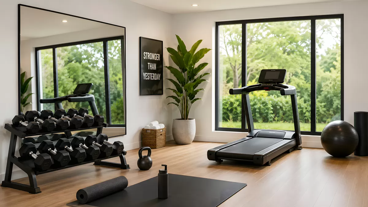 Modernes Heimstudio mit Laufband und Hanteln
