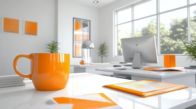 Modernes, helles Bürodesign mit orangefarbenen Akzenten