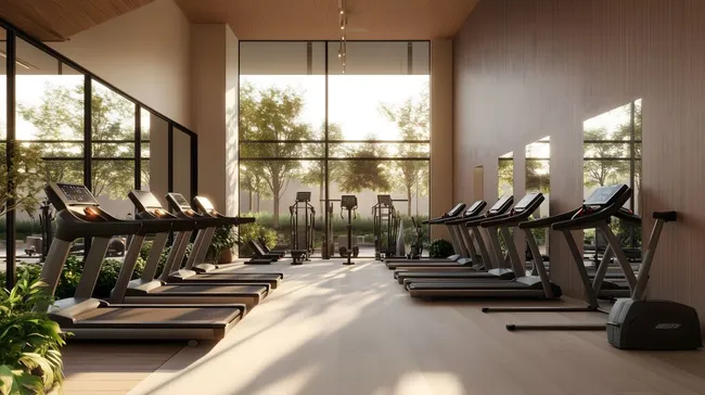 Modernes, helles Fitnessstudio mit Laufbändern