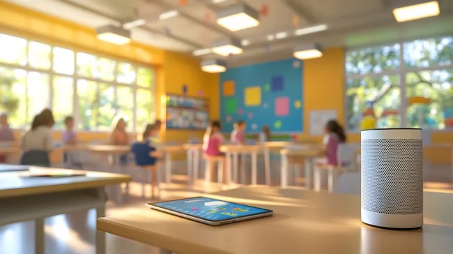 Modernes, helles Klassenzimmer mit Tablets und Smart Speaker