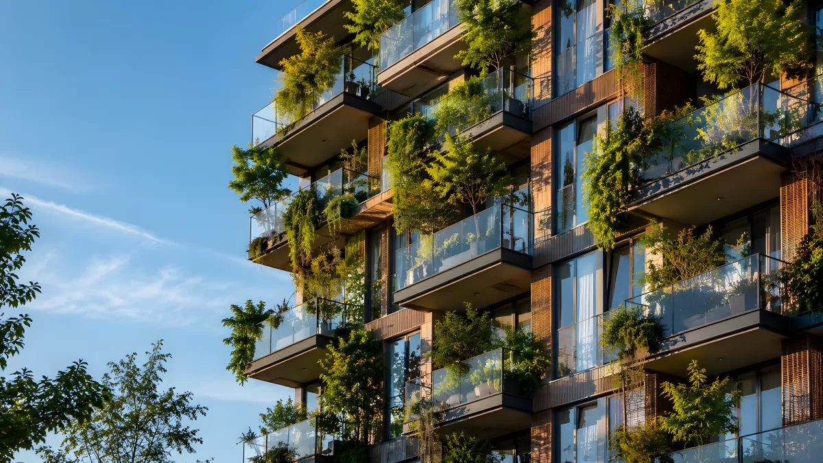 Modernes Hochhaus mit begrünten Balkonen und Pflanzen