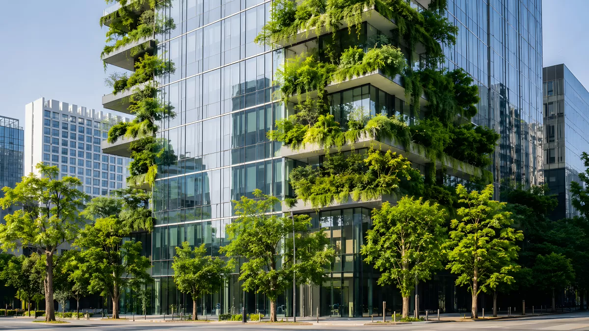 Modernes Hochhaus mit vertikalen Gärten und Begrünung