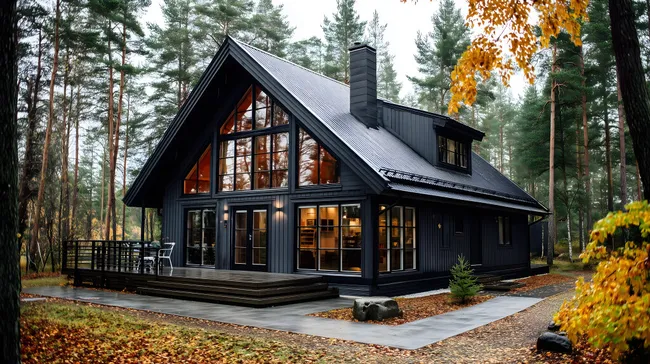 Modernes Holzhaus im herbstlichen Wald