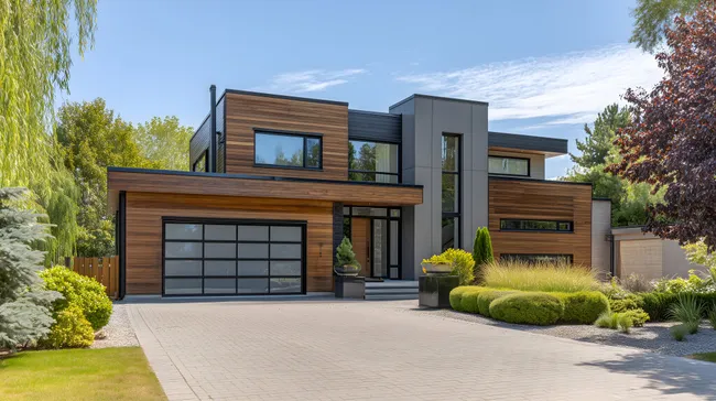 Modernes Holzhaus mit Garten und Garage