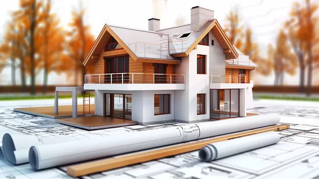 Modernes Holzhaus mit Terrasse auf Architekturplänen