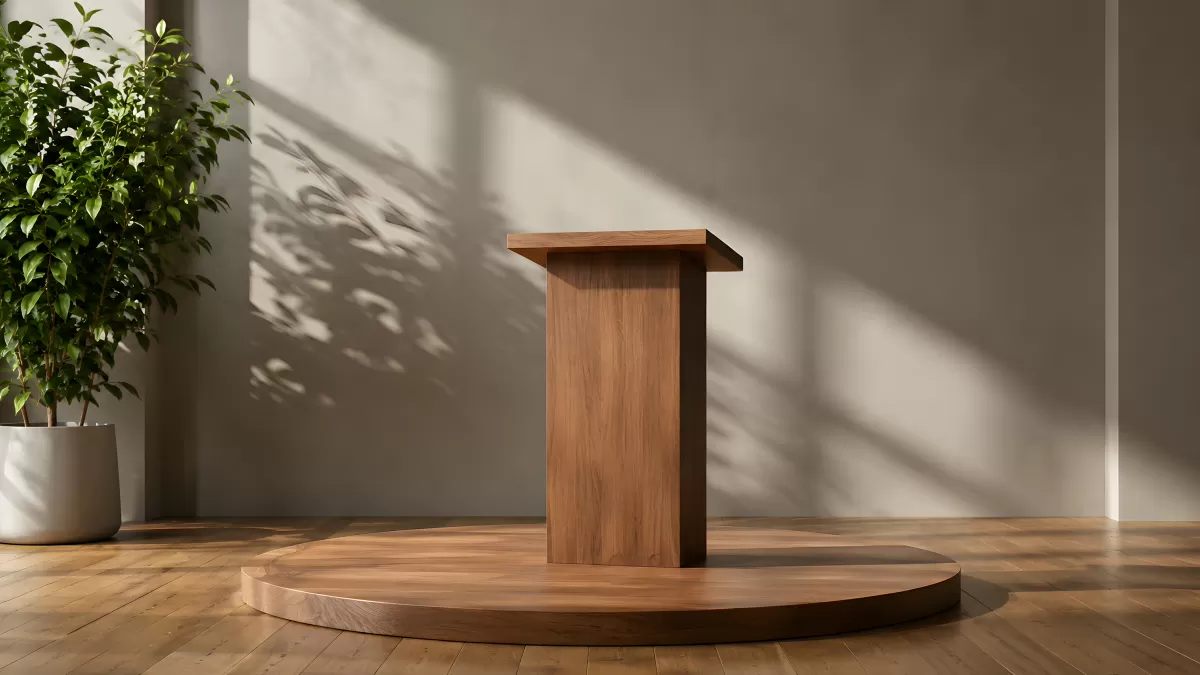 Modernes Holzpodium mit Rednerpult in hellem Raum