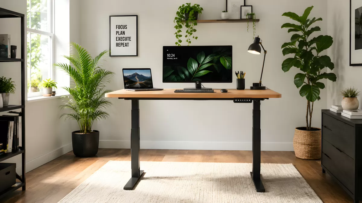 Modernes Homeoffice mit Stehschreibtisch und Pflanzen