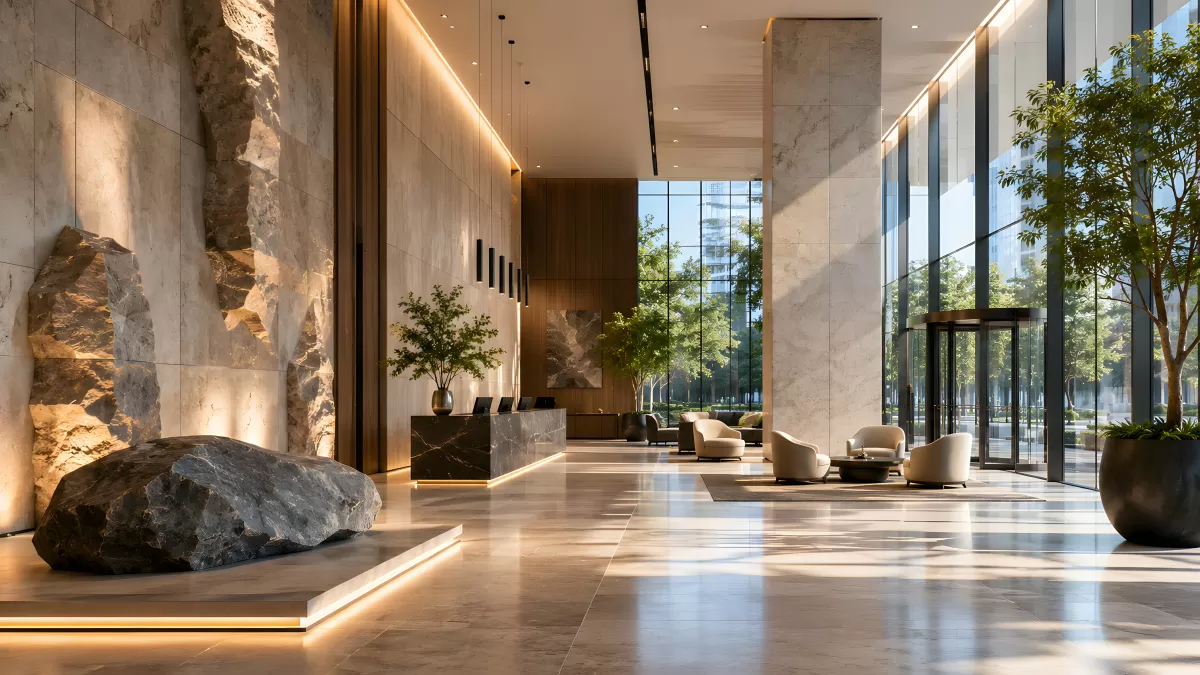 Modernes Hotelfoyer mit Naturstein und Glasfront