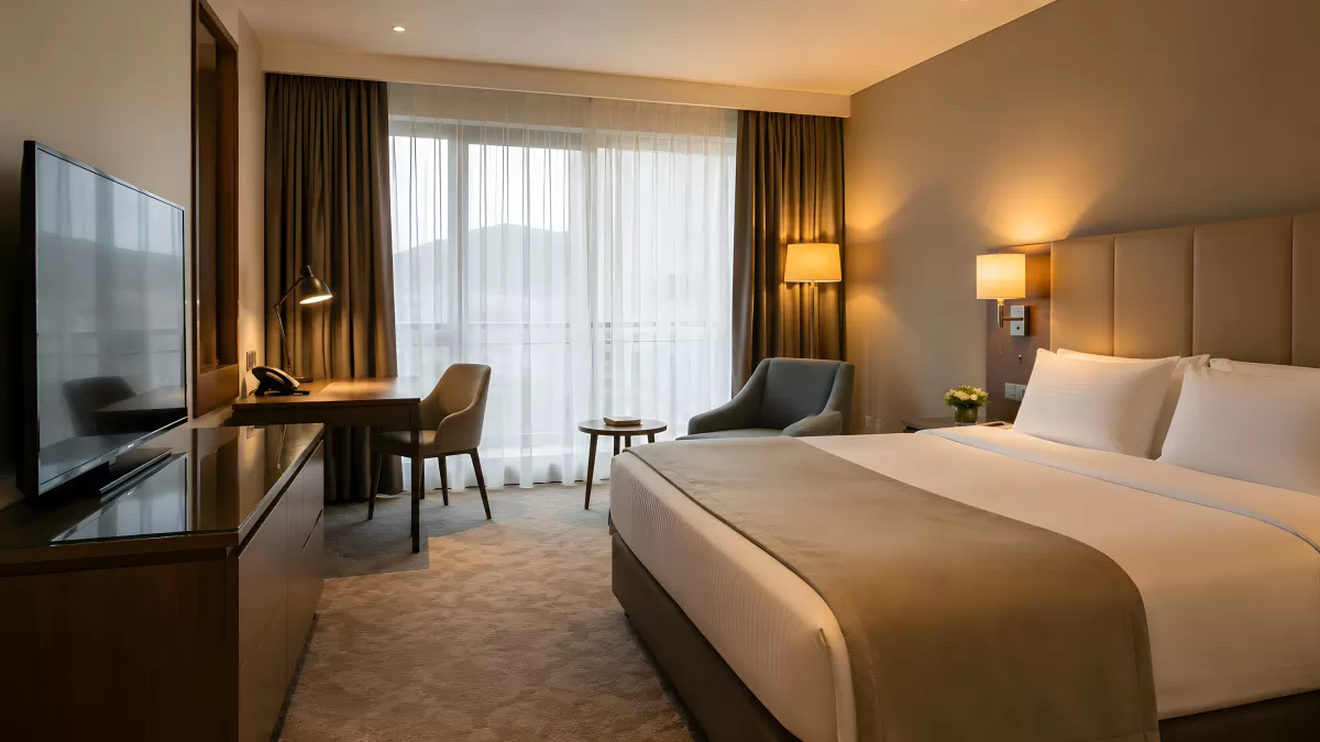 Modernes Hotelzimmer mit Doppelbett und Stadtblick