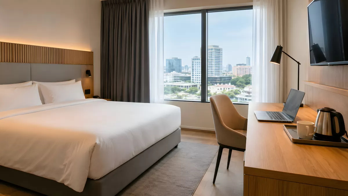 Modernes Hotelzimmer mit Stadtblick und Arbeitsplatz
